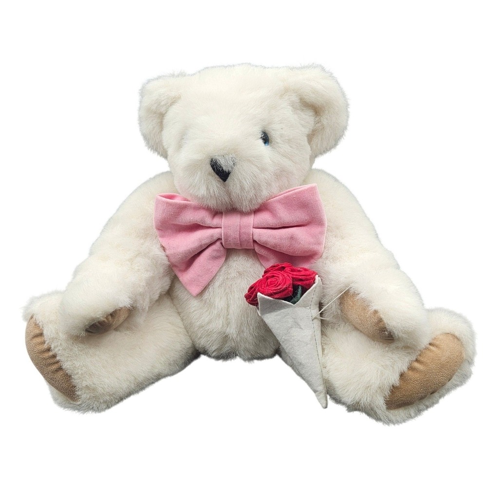 Vermont Teddy Bear Made in USA‎ Cream White Plush Teddy Bear Pink Bow Roses